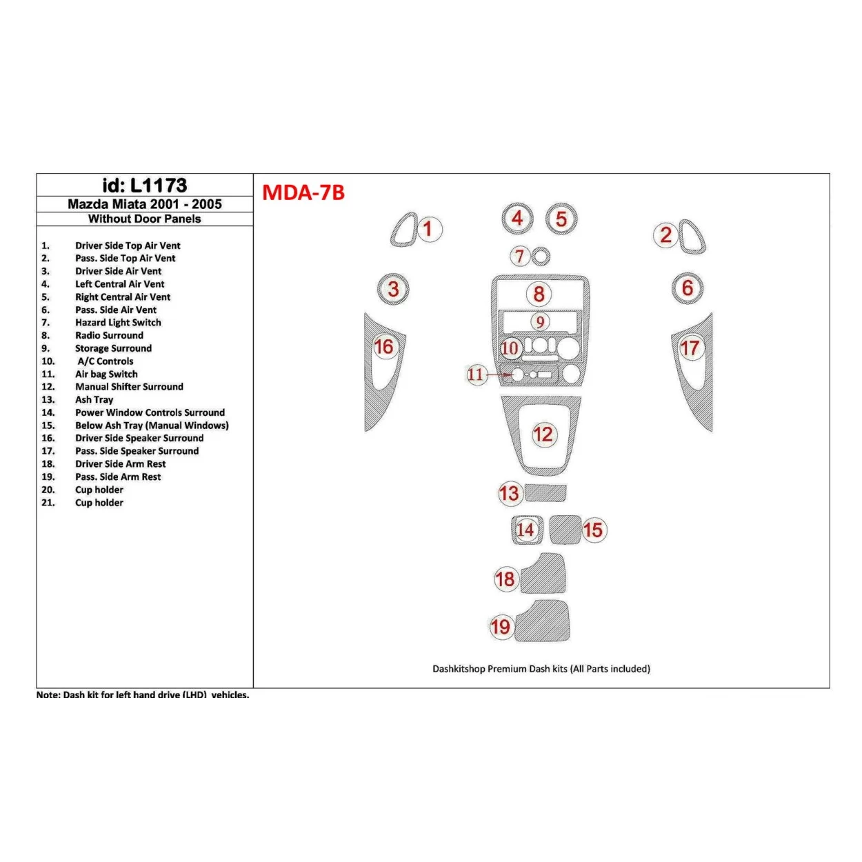 Mazda Miata 2001-2005 Without Door panels, 19 Parts set Interior BD Dash Trim Kit