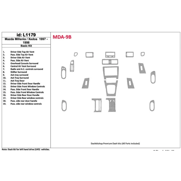 Mazda Milenia 1997-1998 Basic Set, Without OEM, 19 Parts set Interior BD Dash Trim Kit