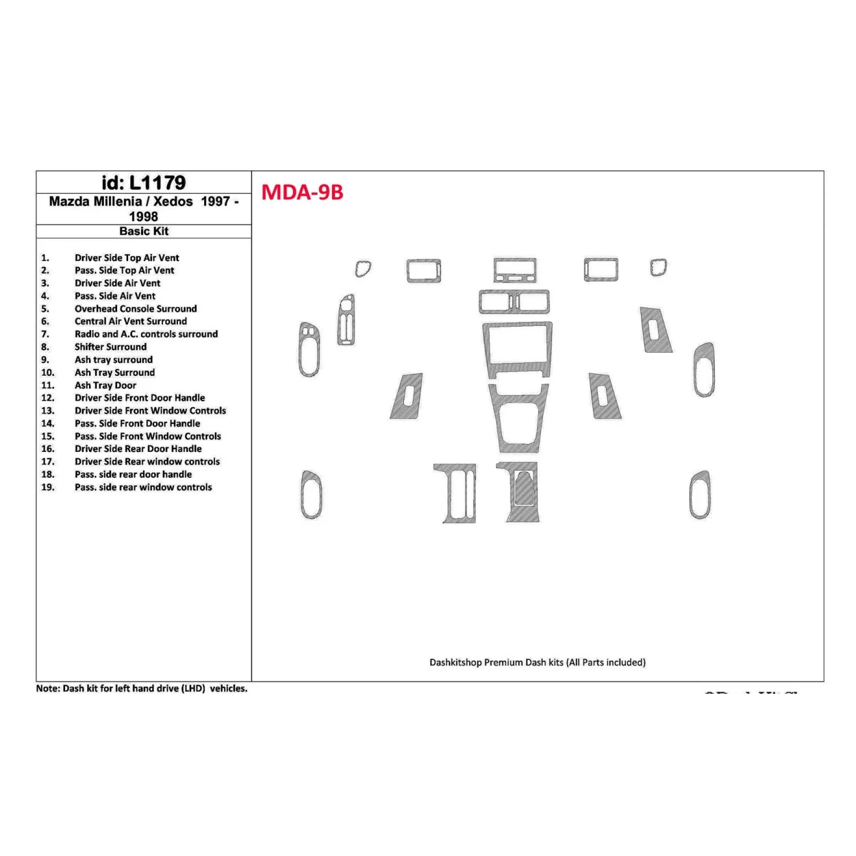 Mazda Milenia 1997-1998 Basic Set, Without OEM, 19 Parts set Interior BD Dash Trim Kit