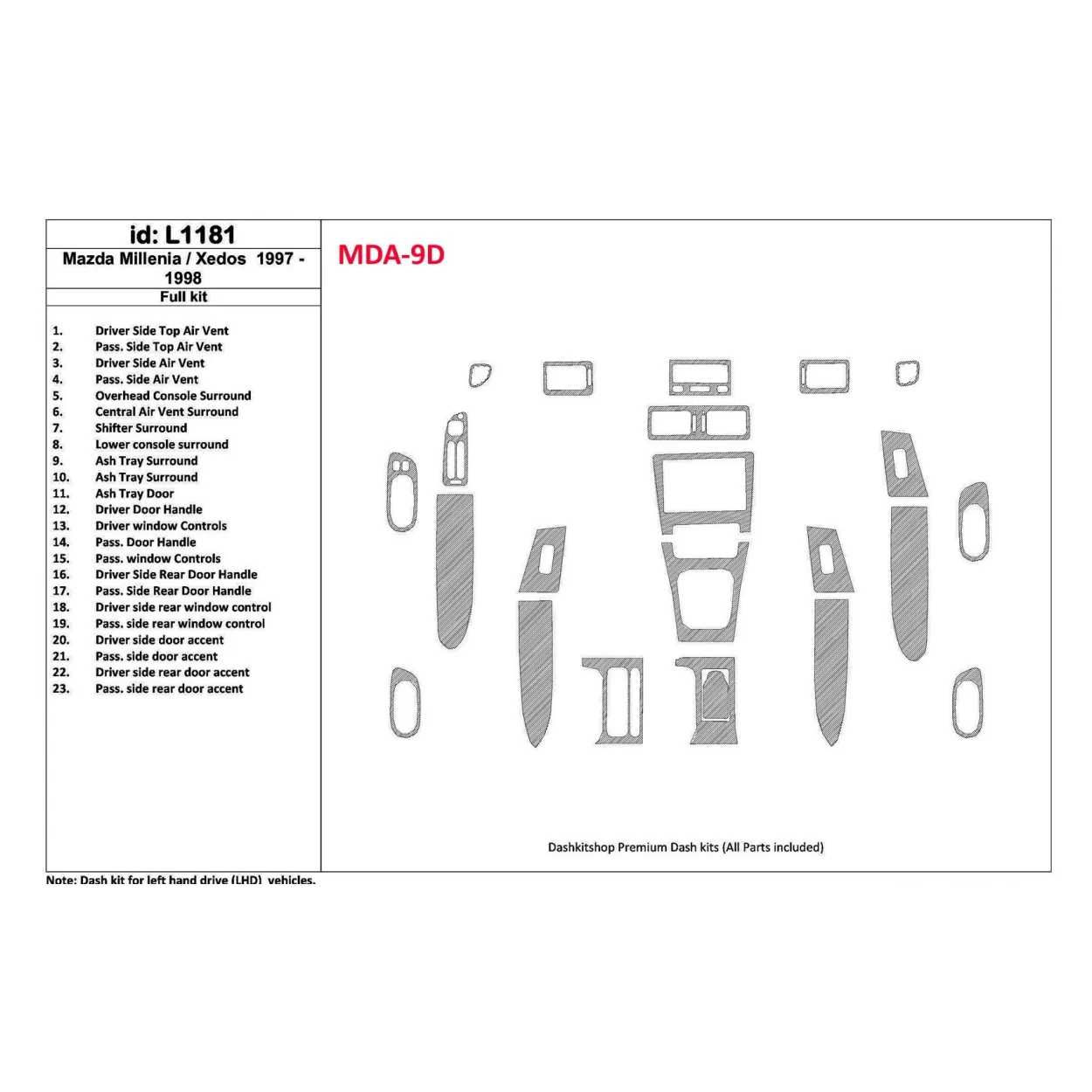 Mazda Milenia 1997-1998 Without Fabric, 23 Parts set Interior BD Dash Trim Kit