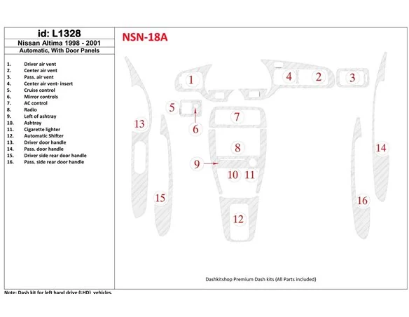 Nissan Altima 1998-2001 Automatic Gearbox, With Door panels, 16 Parts set Interior BD Dash Trim Kit - 1 - Interior Dash Trim Kit