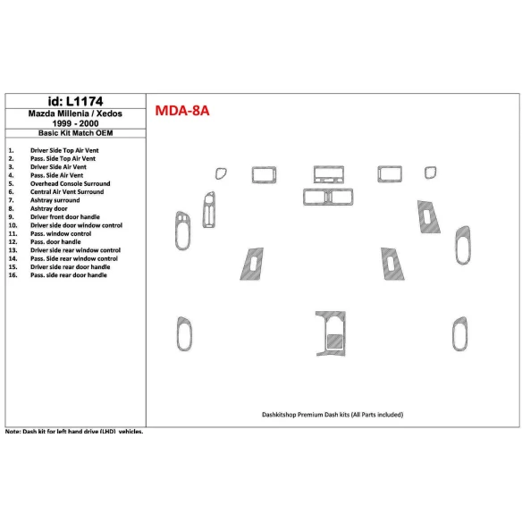 Mazda Milenia 1999-2000 Basic Set, OEM Compliance, 16 Parts set Interior BD Dash Trim Kit