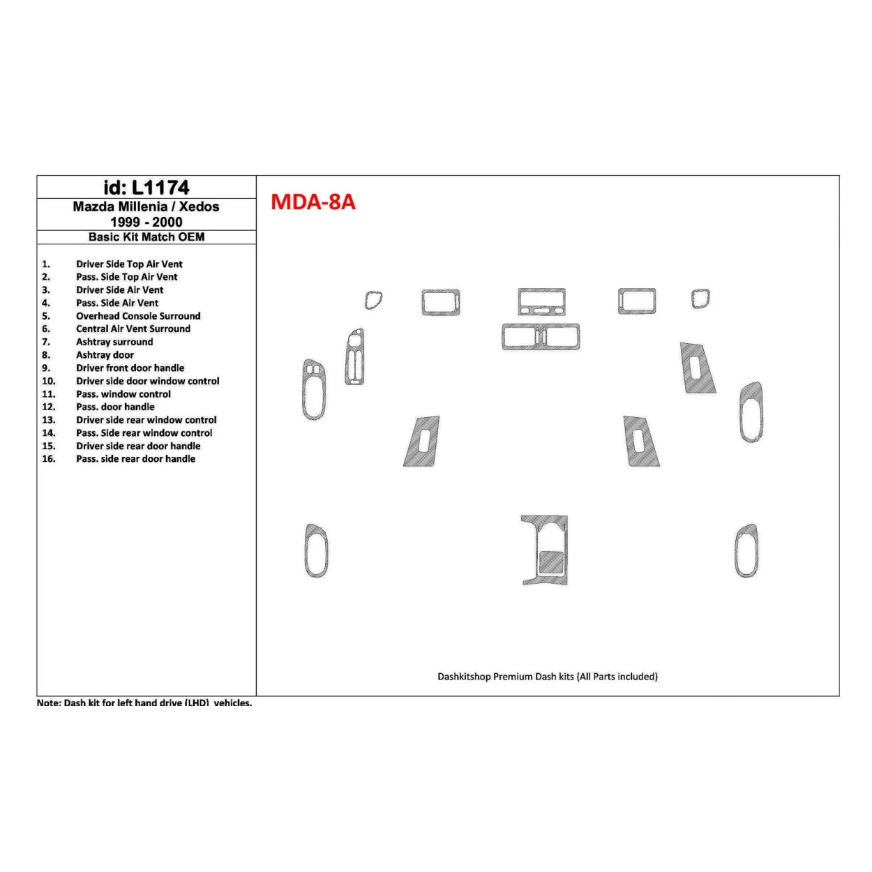 Mazda Milenia 1999-2000 Basic Set, OEM Compliance, 16 Parts set Interior BD Dash Trim Kit