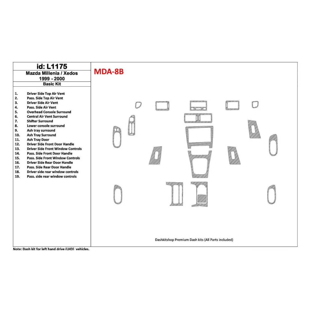 Mazda Milenia 1999-2000 Basic Set, Without OEM, 19 Parts set Interior BD Dash Trim Kit