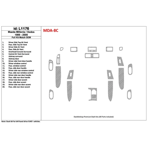 Mazda Milenia 1999-2000 Full Set, OEM Compliance, 20 Parts set Interior BD Dash Trim Kit