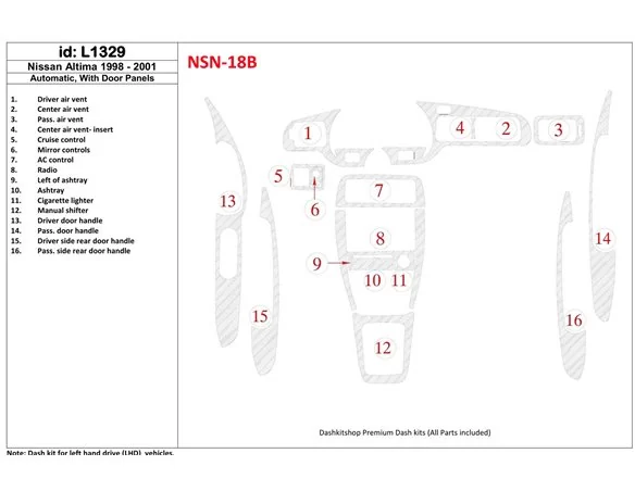 Nissan Altima 1998-2001 Manual Gearbox, With Door panels, 16 Parts set Interior BD Dash Trim Kit - 1 - Interior Dash Trim Kit