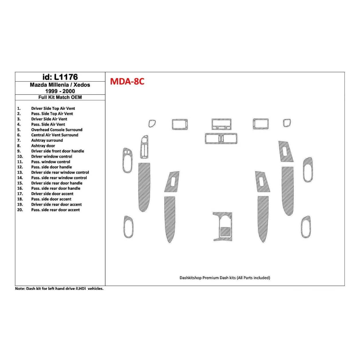Mazda Milenia 1999-2000 Full Set, OEM Compliance, 20 Parts set Interior BD Dash Trim Kit