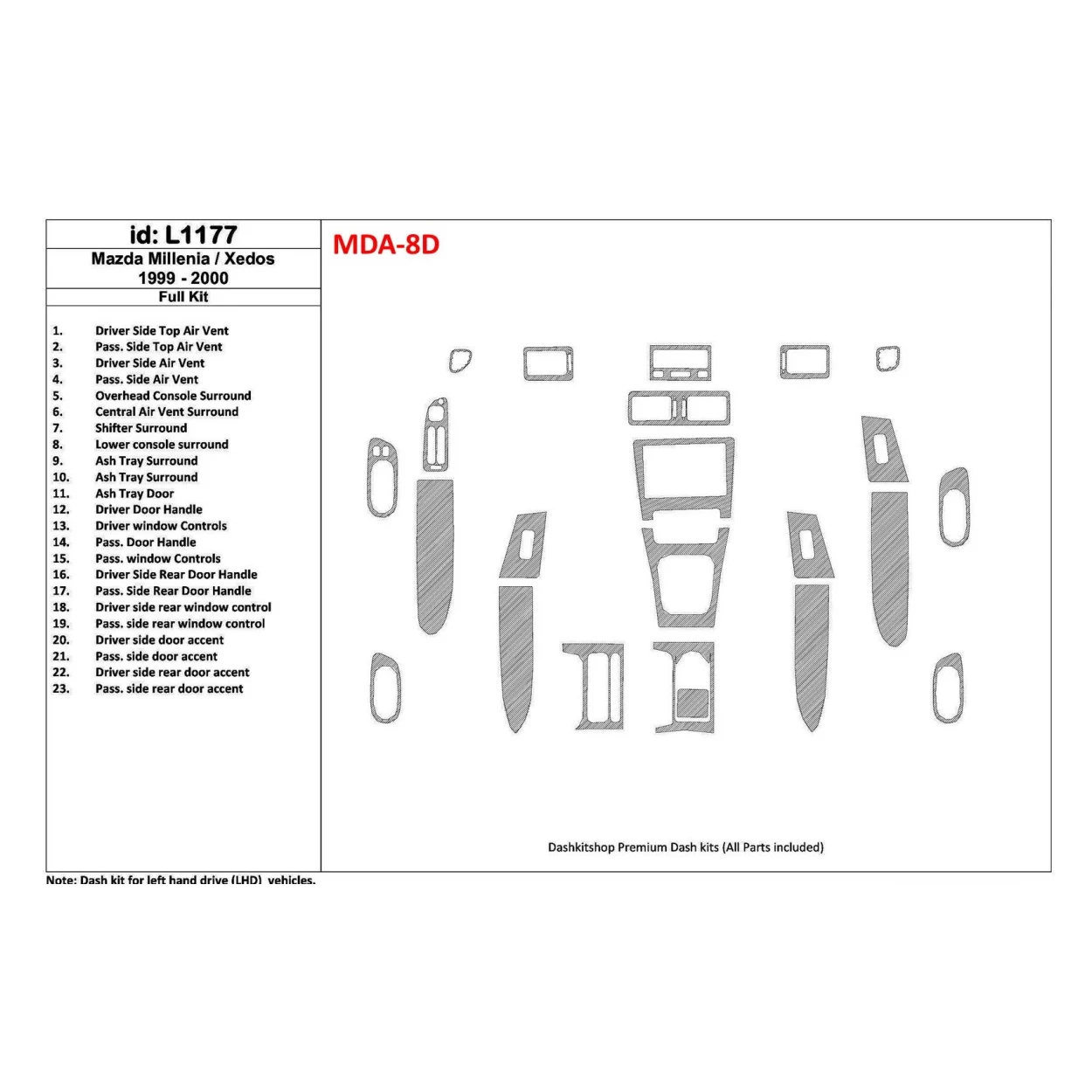 Mazda Milenia 1999-2000 Without Fabric, 23 Parts set Interior BD Dash Trim Kit