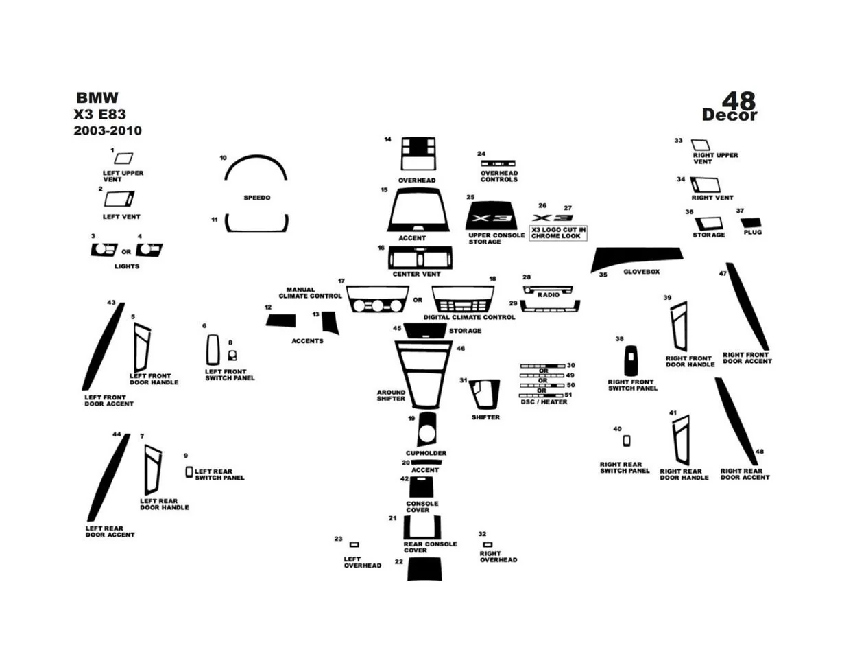 BMW X3 E83 2004-2010 3D Interior Dashboard Trim Kit Dash Trim Dekor 48-Parts - 1 - Interior Dash Trim Kit
