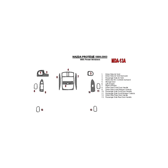 Mazda Protege 1999-UP With Power Windows 13 Parts set Interior BD Dash Trim Kit