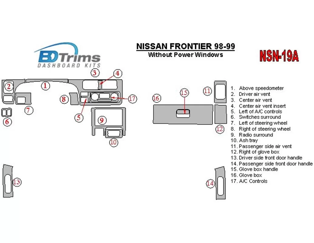 Nissan Frontier 1998-1999 Without Power Windows Interior BD Dash Trim Kit - 1 - Interior Dash Trim Kit