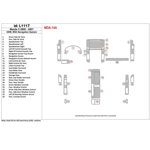 Mazda RX-7 1993-1995 Full Set, 5 Parts set Interior BD Dash Trim Kit