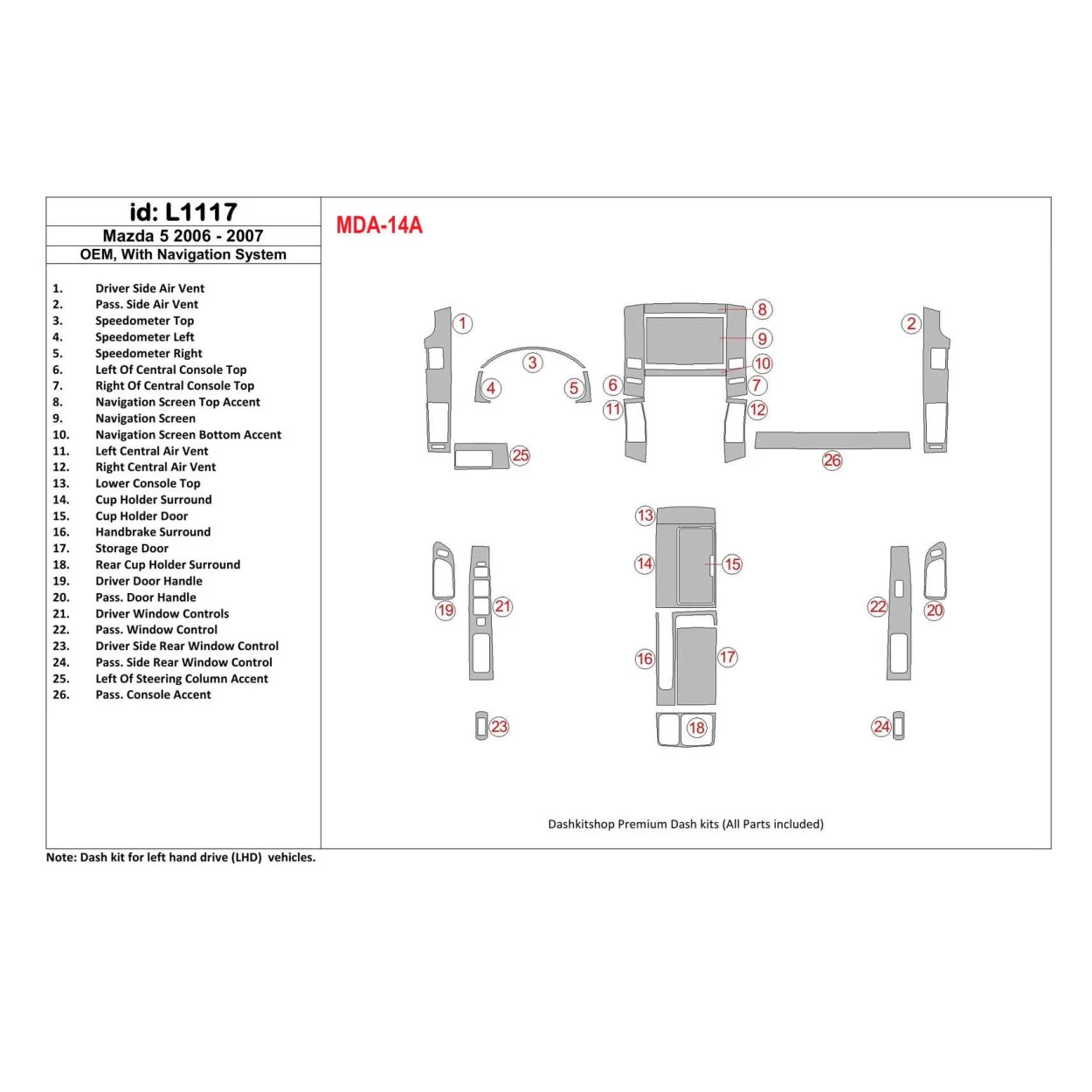 Mazda RX-7 1993-1995 Full Set, 5 Parts set Interior BD Dash Trim Kit