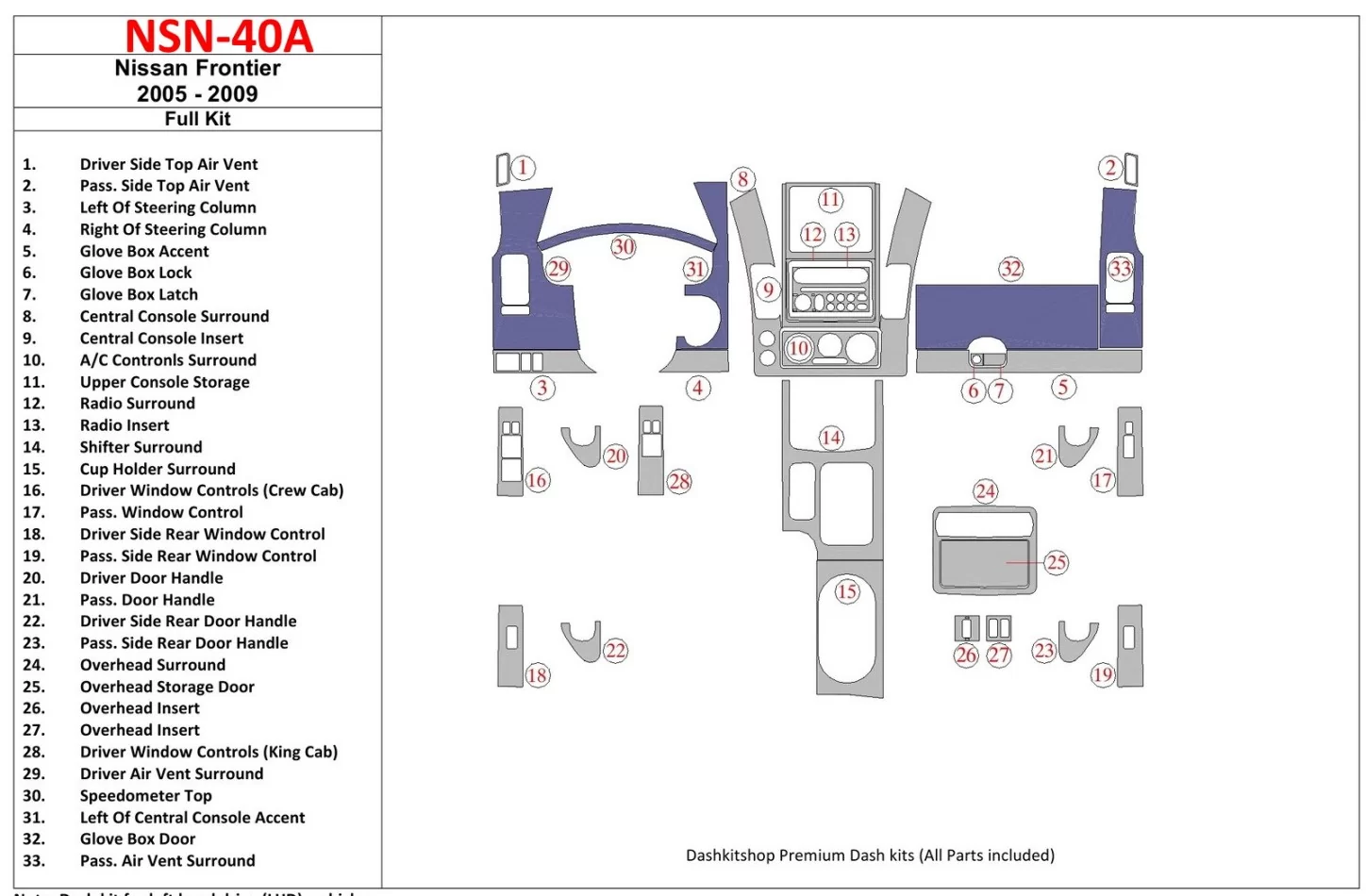 Nissan Frontier 2005-UP Full Set Interior BD Dash Trim Kit - 1 - Interior Dash Trim Kit