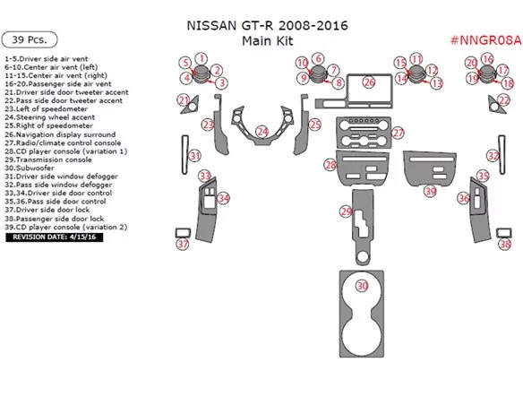Nissan GT-R 2008-2016 main interior dash trim kit, 39 Pcs - 1 - Interior Dash Trim Kit