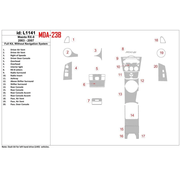 Mazda RX-8 2003-2007 Full Set, Without NAVI system Interior BD Dash Trim Kit