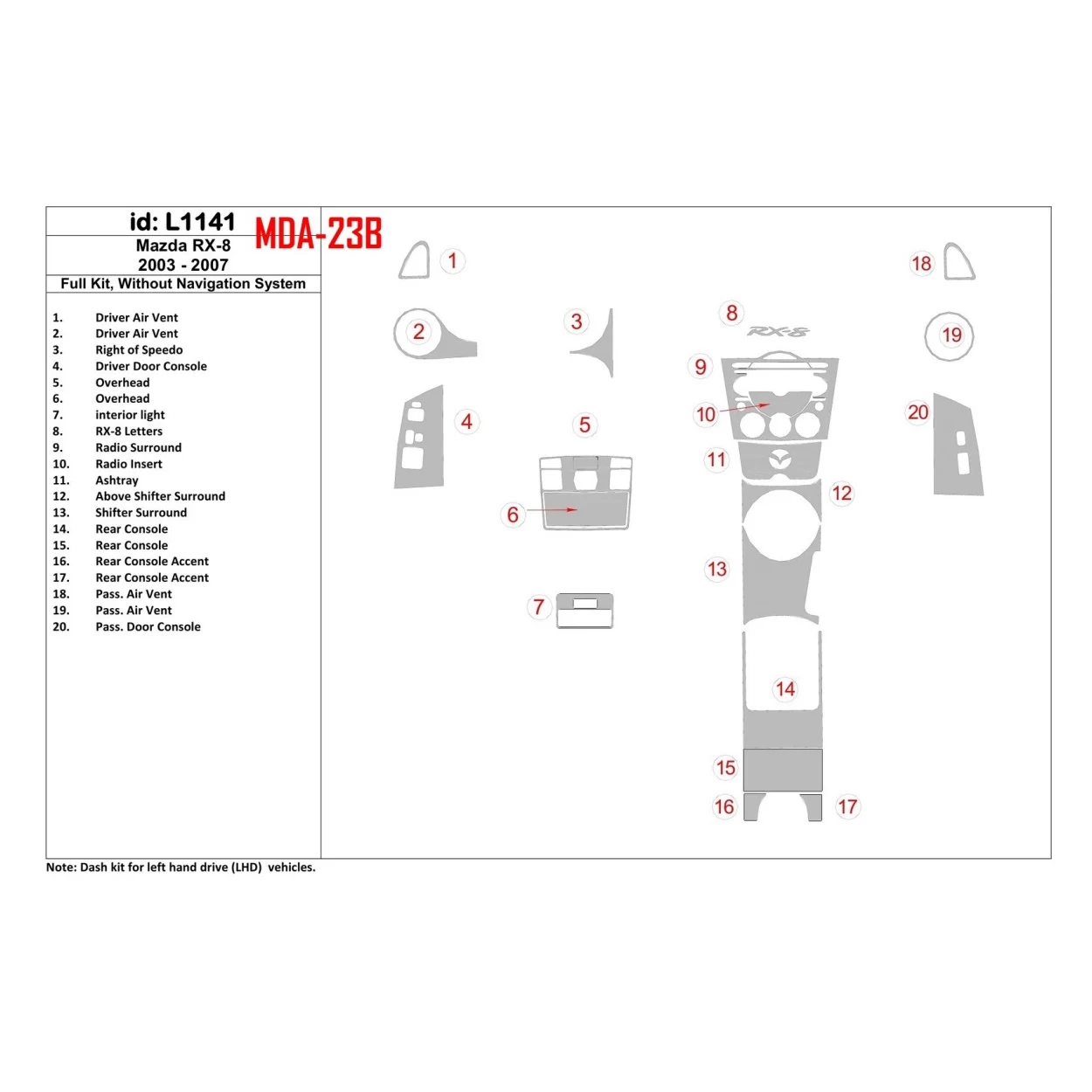 Mazda RX-8 2003-2007 Full Set, Without NAVI system Interior BD Dash Trim Kit
