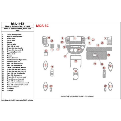 Mazda Tribute 2001-2004 Auto or Manual Gearbox , With Armrest Console Interior BD Dash Trim Kit