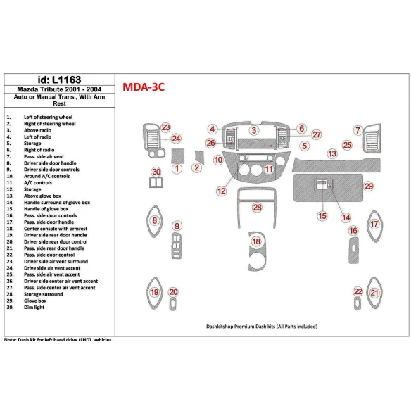 Mazda Tribute 2001-2004 Auto or Manual Gearbox , With Armrest Console Interior BD Dash Trim Kit
