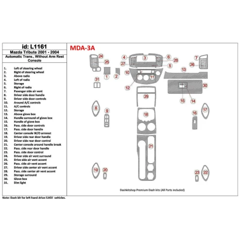 Mazda Tribute 2001-2004 Automatic Gearbox , Without Armrest Console Interior BD Dash Trim Kit