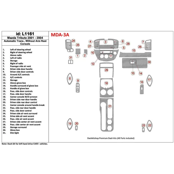 Mazda Tribute 2001-2004 Automatic Gearbox , Without Armrest Console Interior BD Dash Trim Kit