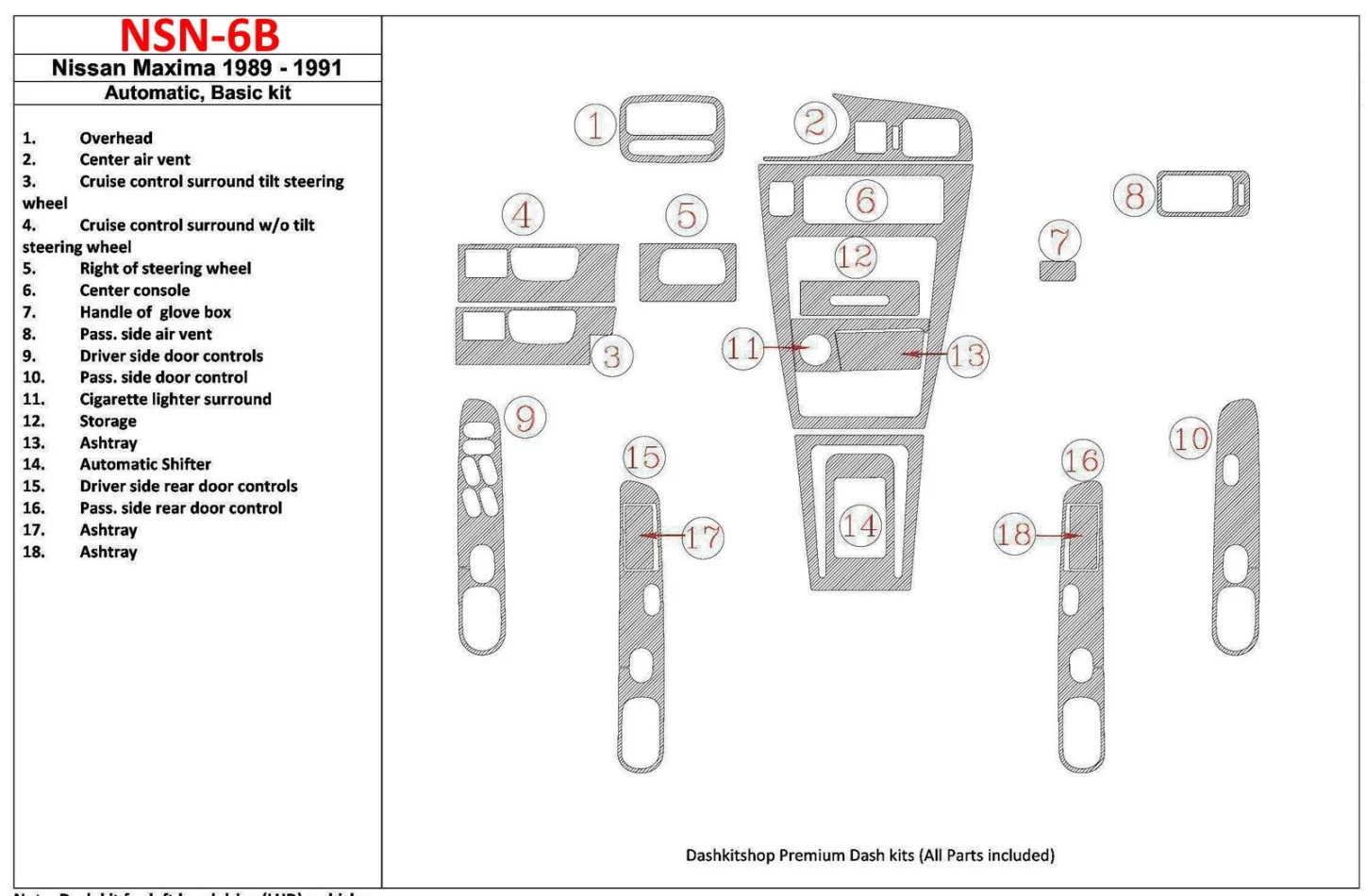 Nissan Maxima 1989-1991 Basic Set, Automatic Gearbox, 18 Parts set Interior BD Dash Trim Kit - 1 - Interior Dash Trim Kit