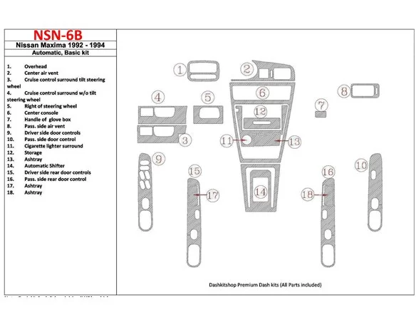 Nissan Maxima 1989-1991 Basic Set, Automatic Gearbox, 18 Parts set Interior BD Dash Trim Kit