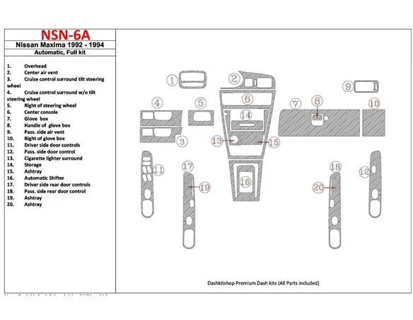 Nissan Maxima 1989-1991 Full Set, Automatic Gearbox, 20 Parts set Interior BD Dash Trim Kit