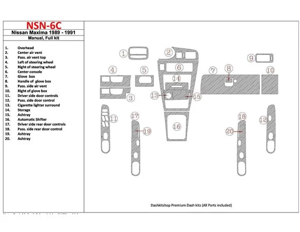 Nissan Maxima 1989-1991 Full Set, Manual Gearbox, 20 Parts set Interior BD Dash Trim Kit - 1 - Interior Dash Trim Kit