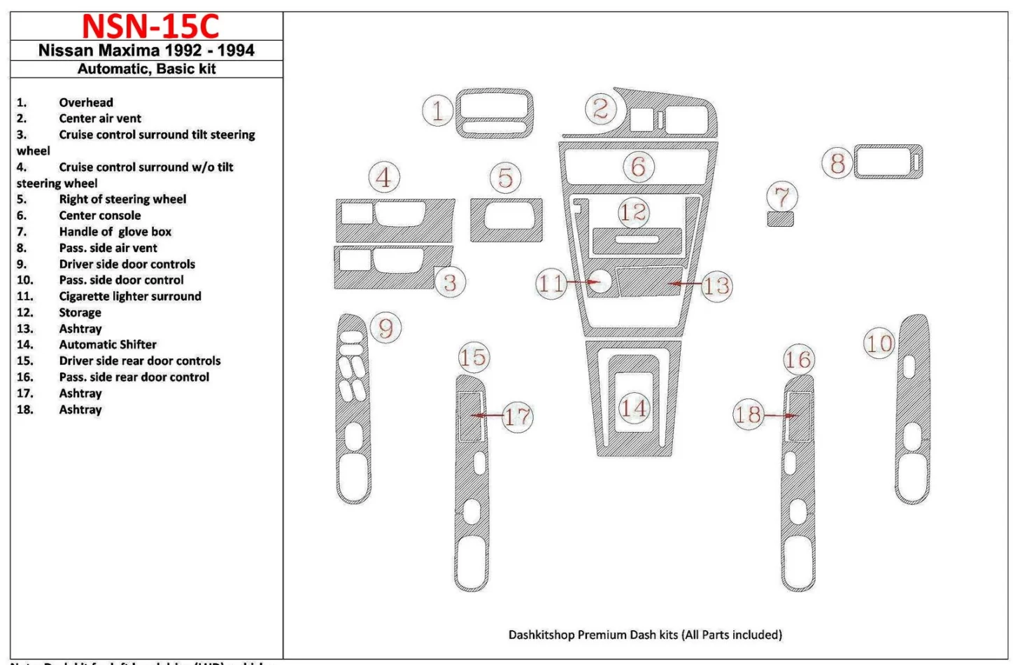 Nissan Maxima 1992-1994 Automatic Gearbox, Basic Set, 18 Parts set Interior BD Dash Trim Kit - 1 - Interior Dash Trim Kit