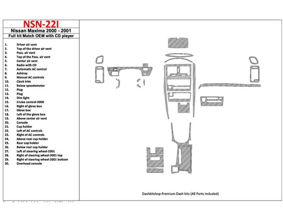 Nissan Maxima 2000-2001 Door panels, 4 Parts set Interior BD Dash Trim Kit - 1 - Interior Dash Trim Kit