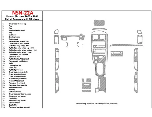 Nissan Maxima 2000-2001 Full Set, Automatic Gearbox, Radio With CD Player, 39 Parts set Interior BD Dash Trim Kit - 1 - Interior
