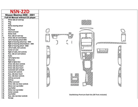 Nissan Maxima 2000-2001 Full Set, Manual Gearbox, Radio Without CD Player, 40 Parts set Interior BD Dash Trim Kit - 1 - Interior
