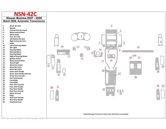 Nissan Maxima 2007-2008 OEM Compliance, Automatic Gear Interior BD Dash Trim Kit - 1 - Interior Dash Trim Kit