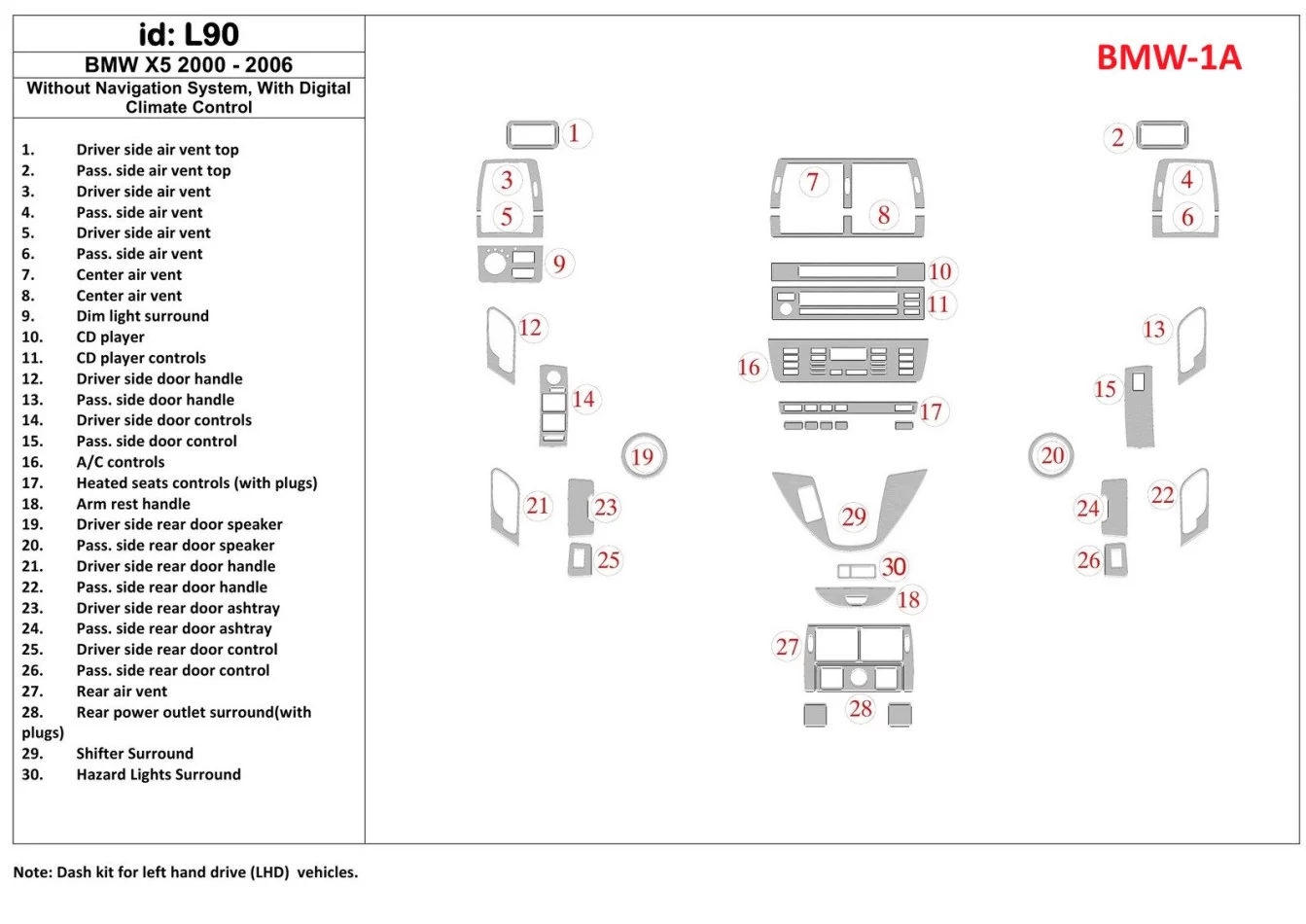 BMW X5 2000-2006 Without NAVI system, Automatic Gearbox AC Control Interior BD Dash Trim Kit - 1 - Interior Dash Trim Kit