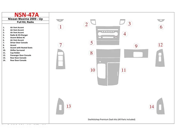 Nissan Maxima 2009-UP Full Set, Radio Interior BD Dash Trim Kit - 1 - Interior Dash Trim Kit