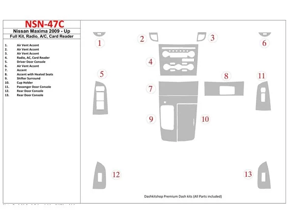 Nissan Maxima 2009-UP Full Set, Radio, A/C, Card Reader Interior BD Dash Trim Kit - 1 - Interior Dash Trim Kit