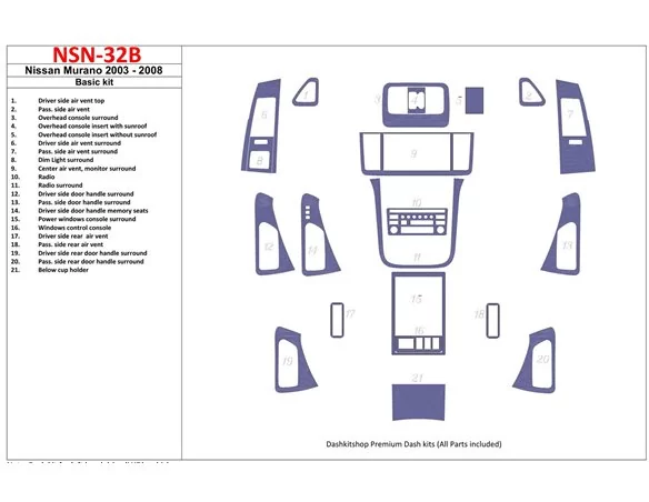 Nissan Murano 2003-2008 Basic Set Interior BD Dash Trim Kit - 1 - Interior Dash Trim Kit