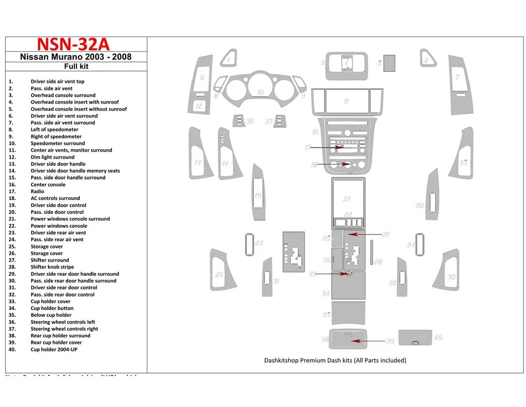 Nissan Murano 2003-2008 Full Set Interior BD Dash Trim Kit - 1 - Interior Dash Trim Kit
