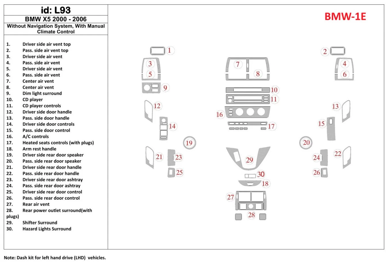 BMW X5 2000-2006 Without NAVI system, Manual Gearbox AC Control Interior BD Dash Trim Kit - 1 - Interior Dash Trim Kit