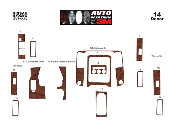Nissan Navara D40 01.2010 3D Interior Dashboard Trim Kit Dash Trim Dekor 16-Parts