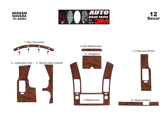 Nissan Navara D40 02.06-12.10 3D Interior Dashboard Trim Kit Dash Trim Dekor 12-Parts