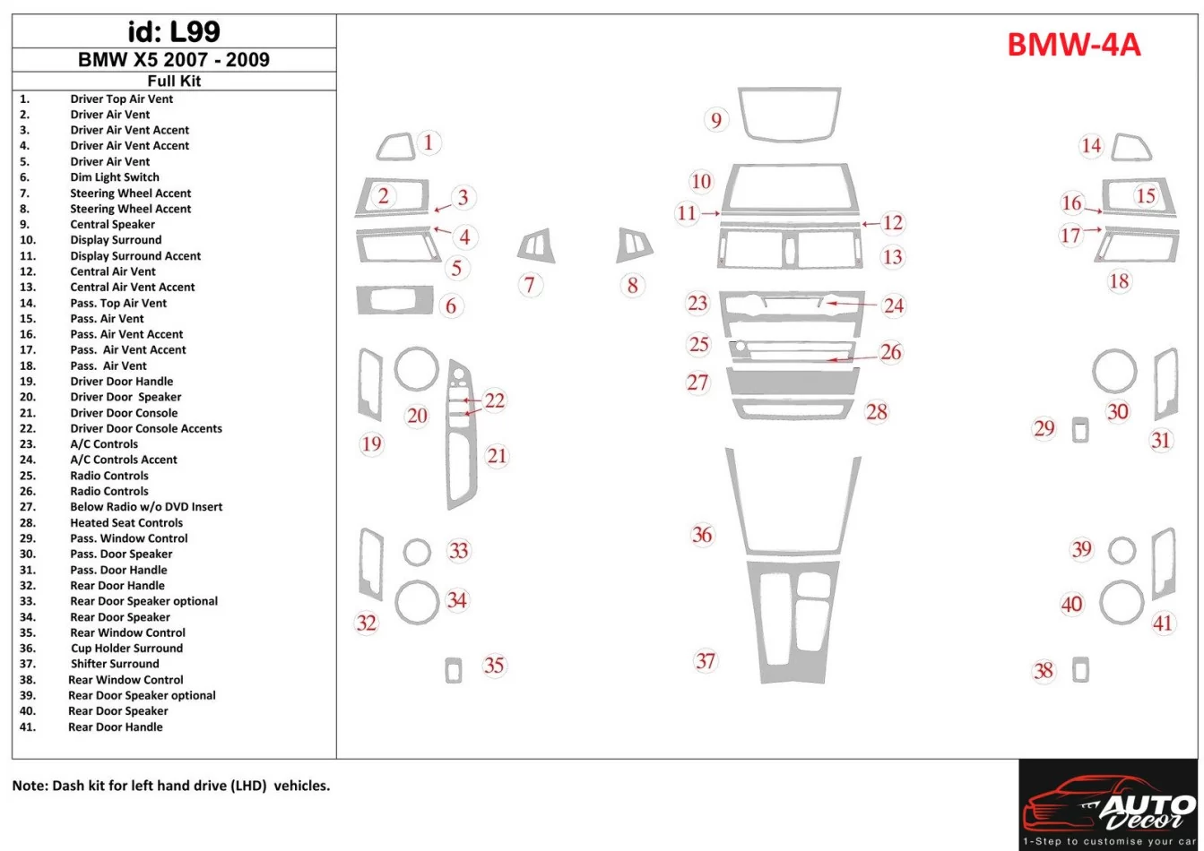 BMW X5 2007-2009 Full Set Interior BD Dash Trim Kit - 1 - Interior Dash Trim Kit