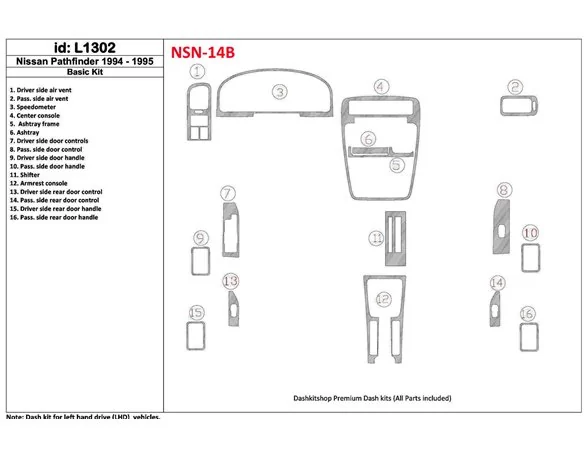 Nissan Pathfinder 1994-1995 Basic Set, 16 Parts set Interior BD Dash Trim Kit - 1 - Interior Dash Trim Kit