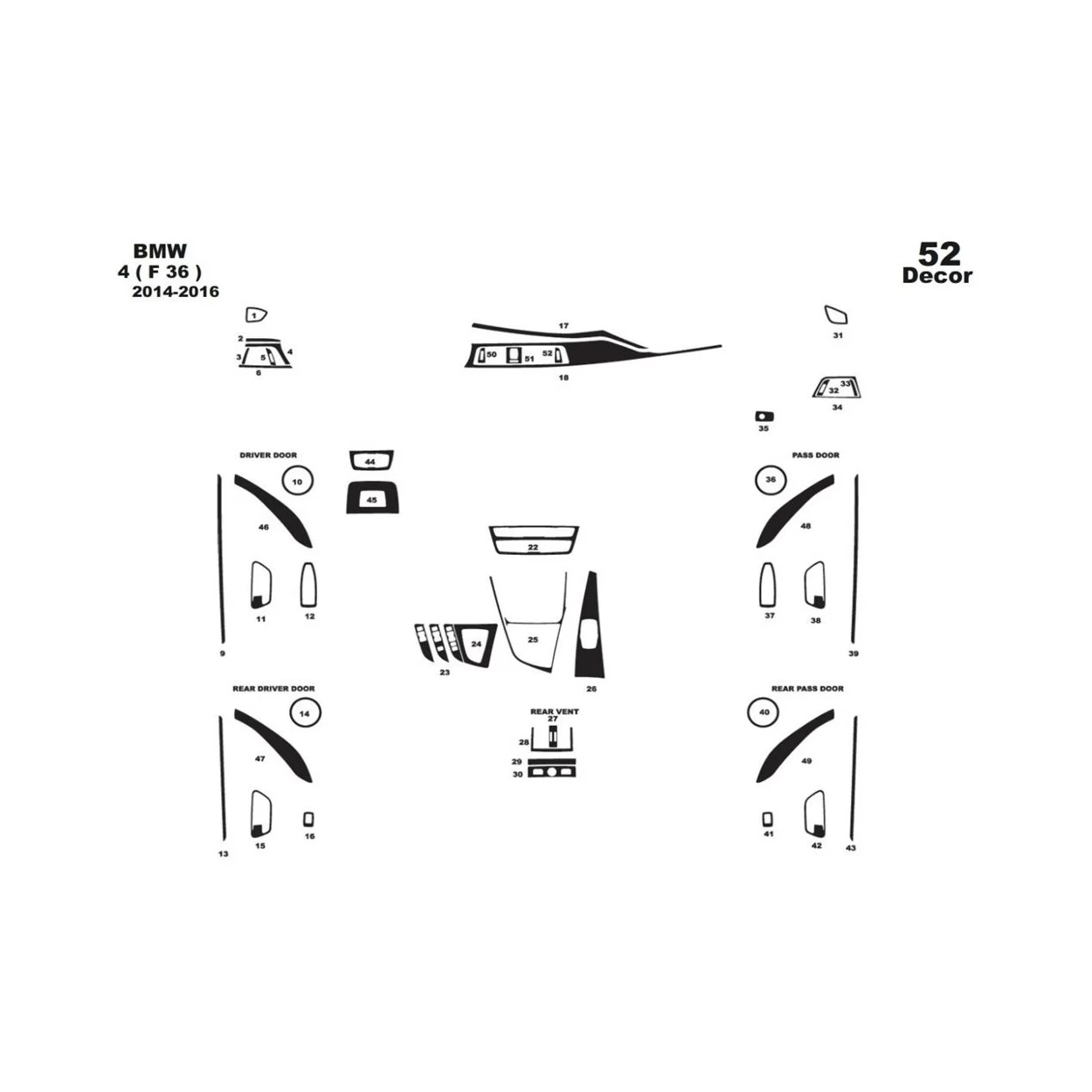 BMW 4-Series F36 2014-2016 3D Interior Dashboard Trim Kit Dash Trim Dekor 52-Parts
