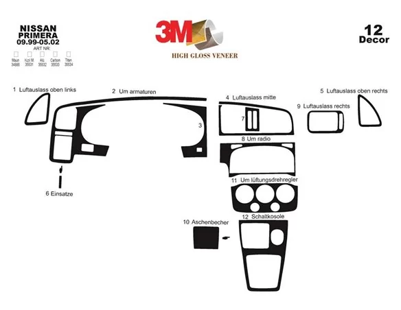 Nissan Primera 09.99-05.02 3D Interior Dashboard Trim Kit Dash Trim Dekor 12-Parts