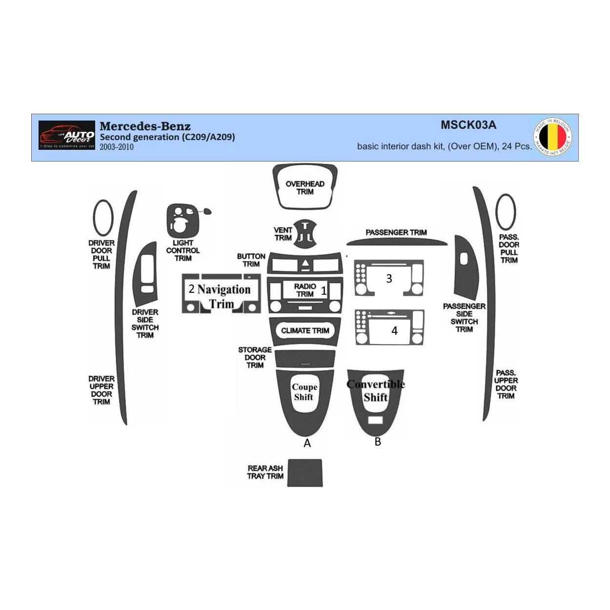 Mercedes Benz CLK W209 2003-2010 Coupe Carbio Full Set Interior BD Dash Trim Kit 24pcs