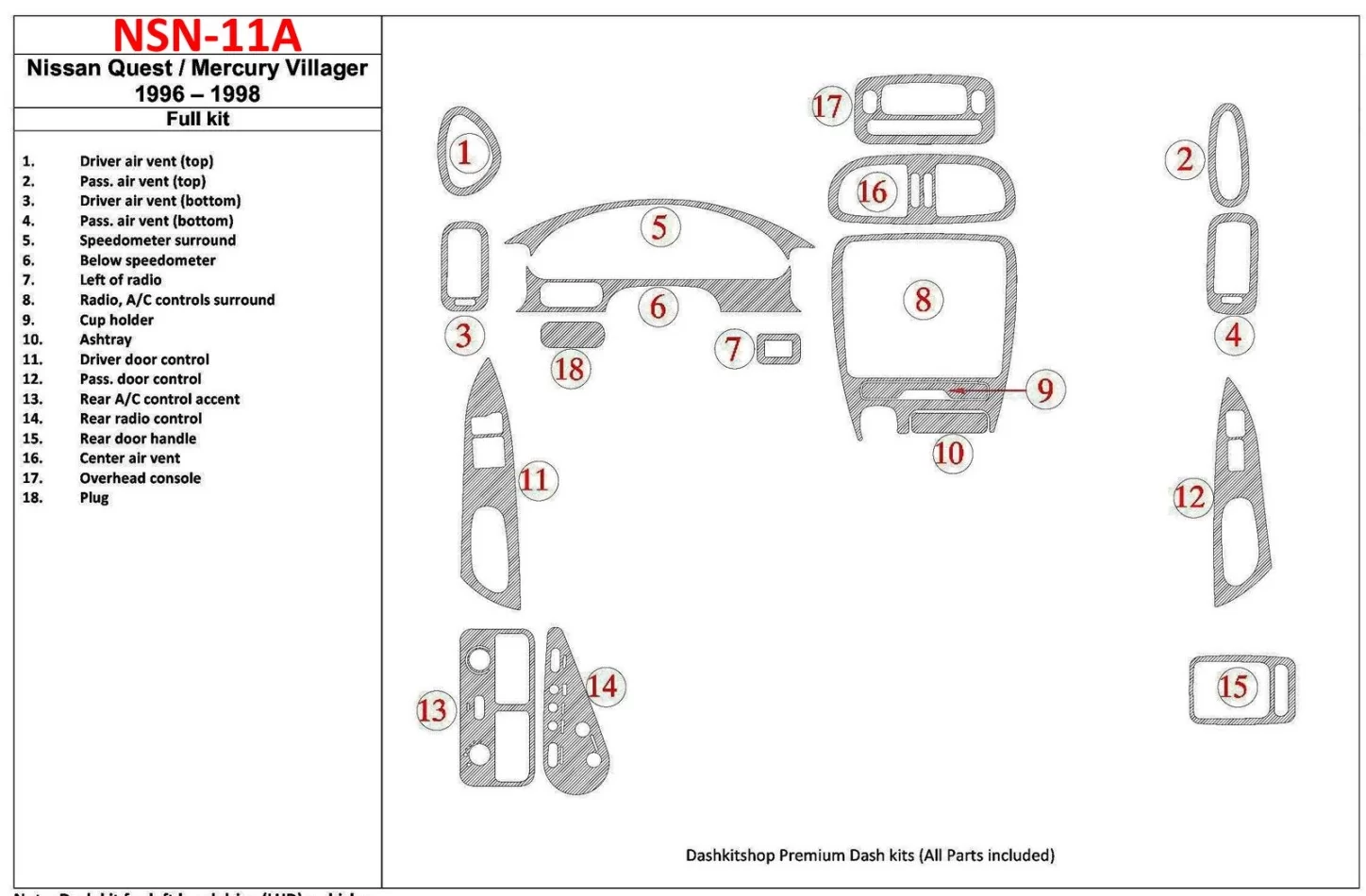 Nissan Quest 1996-1998 Full Set, 17 Parts set Interior BD Dash Trim Kit - 1 - Interior Dash Trim Kit