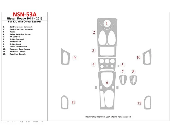 Nissan Roque 2011-UP Full Set, With Center Speaker Interior BD Dash Trim Kit - 1 - Interior Dash Trim Kit