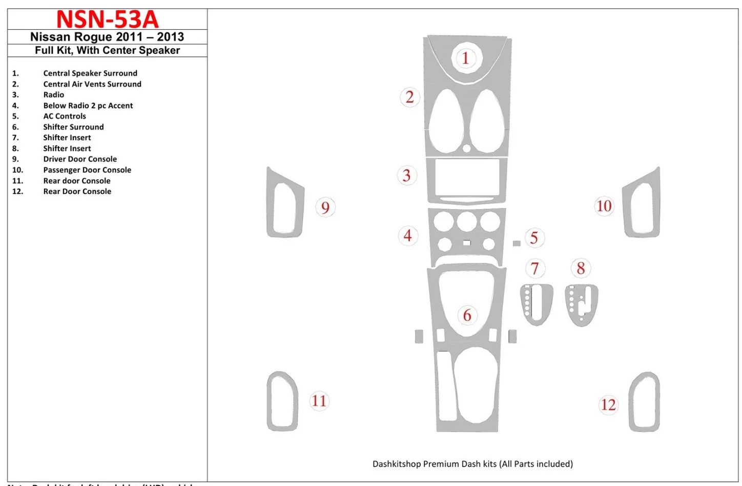 Nissan Roque 2011-UP Full Set, With Center Speaker Interior BD Dash Trim Kit - 1 - Interior Dash Trim Kit
